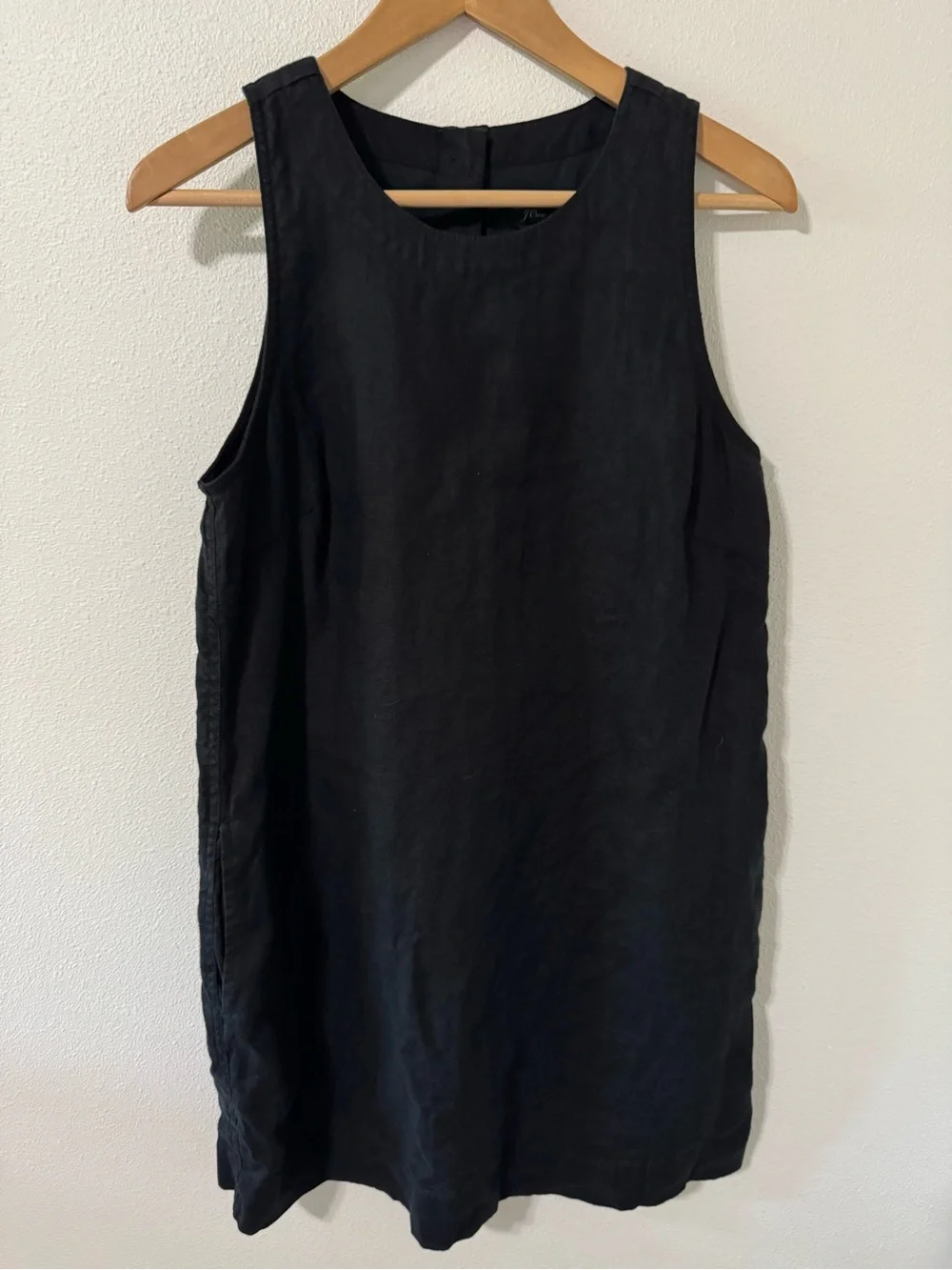 J Crew Beauchamps Linen Button-Back Sleeveless Shift Dress Black Pockets-Small